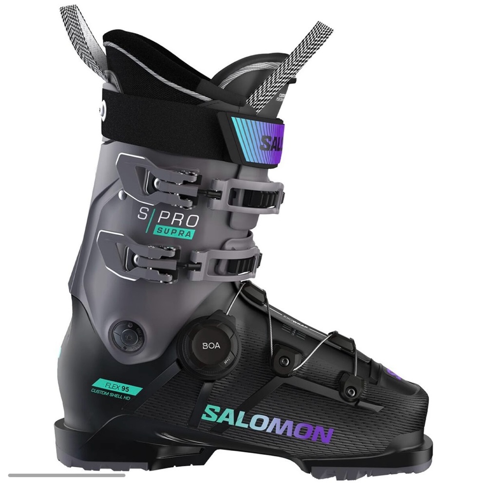 Salomon S/Pro Supra Black Ski Boots with Purple and Teal Accents